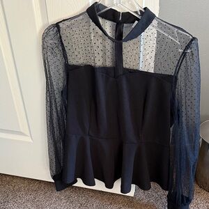 Sheer Dot-Trim Peplum Women's Top - Black